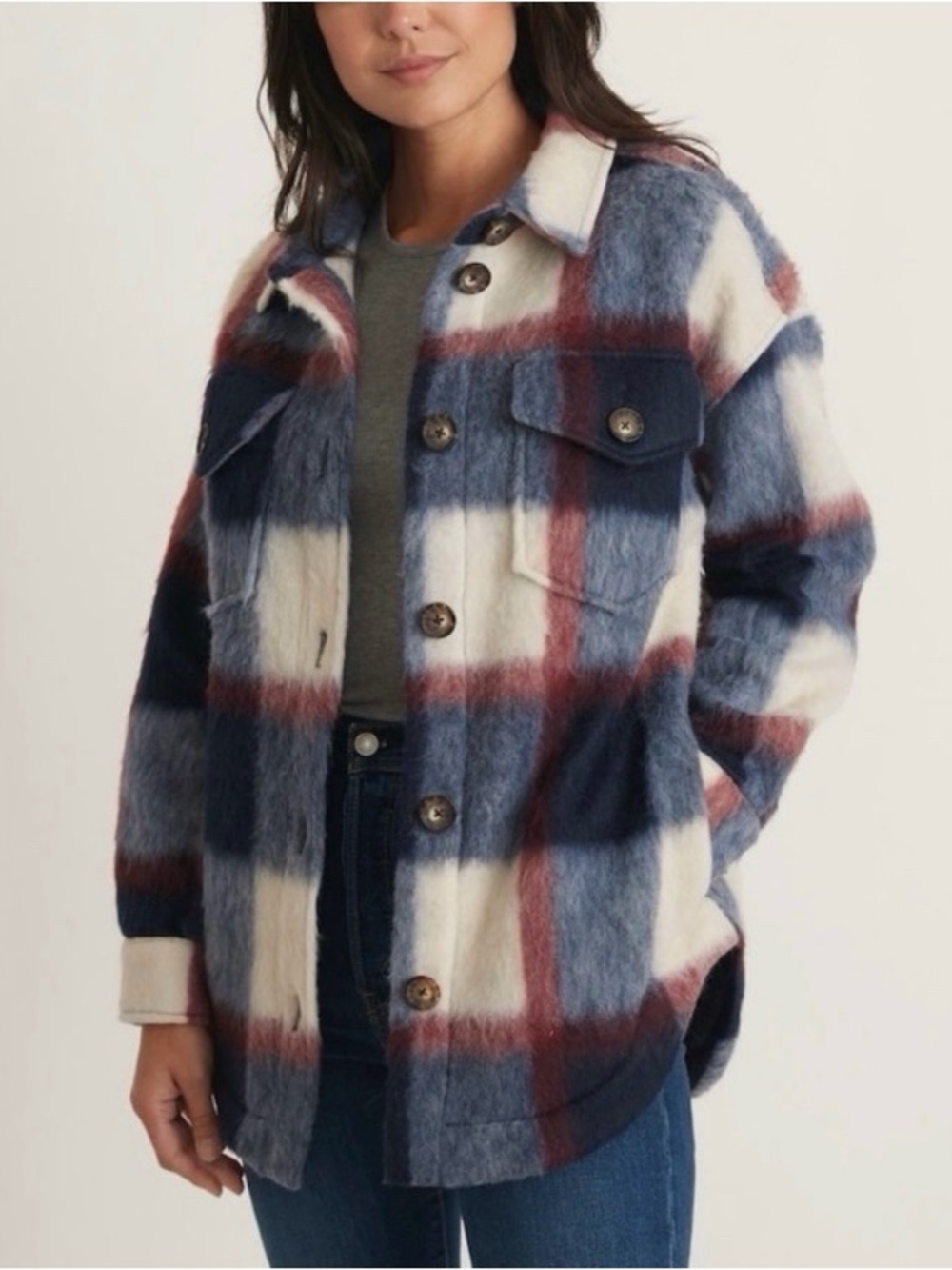 MARINE LAYER Fuzzy Plaid Shacket Bailey Shirt Jacket Medium Blue Red Oversized